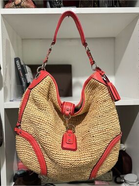 Coach Straw Hobo Bag with Coral Trim